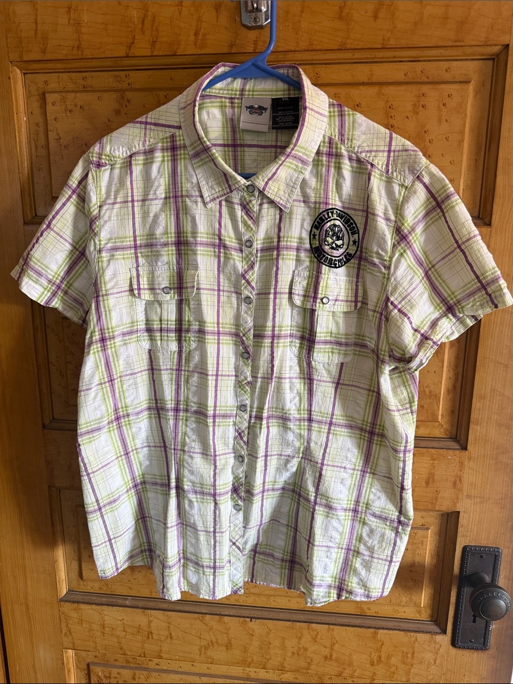 Harley Davidson Plaid Button-Up Shirt - White & Lime with Purple Trim